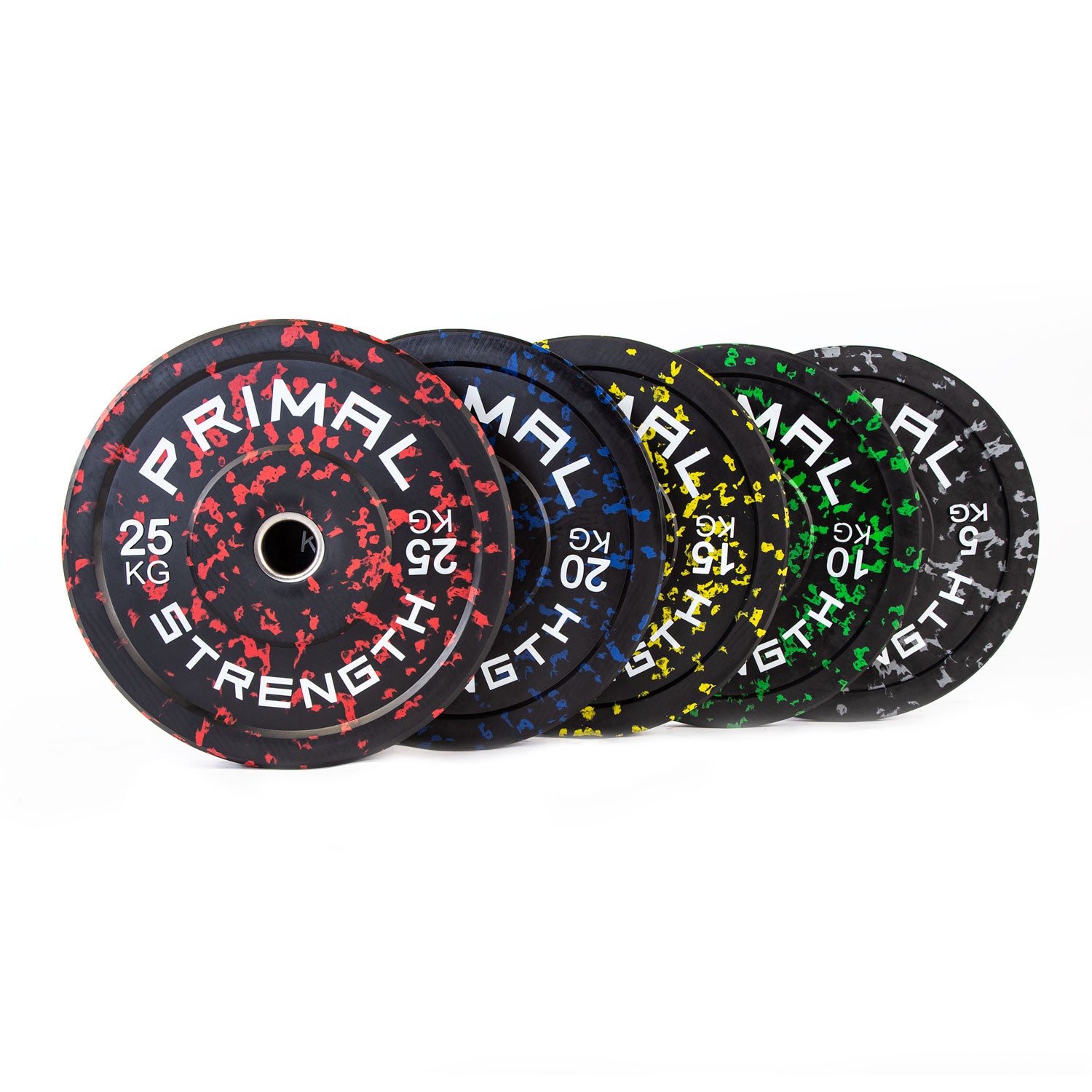 a row of black and coloured fleck olympic bumper plates
