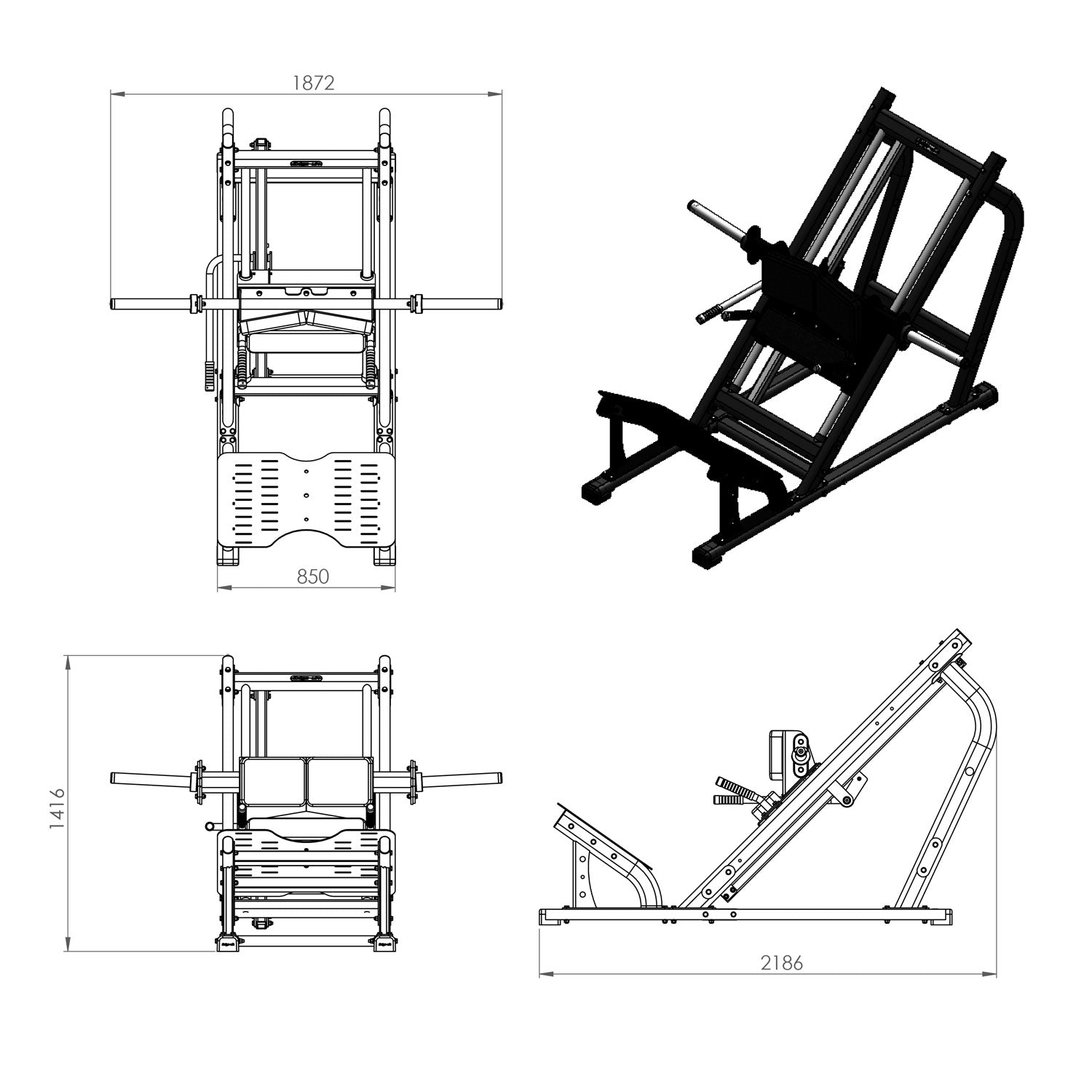 a diagram and dimensions of a 45 degree hack squat