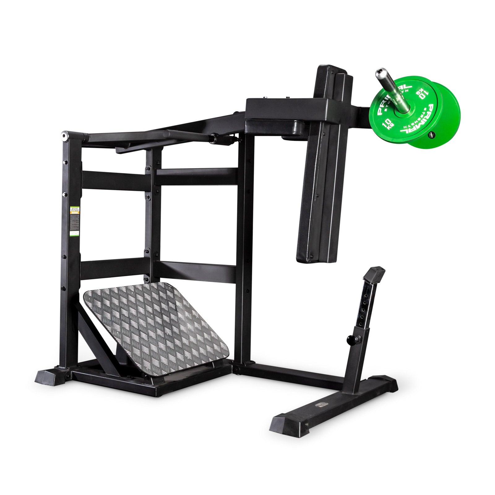 a pendulum squat gym machine with a pair of weight plates