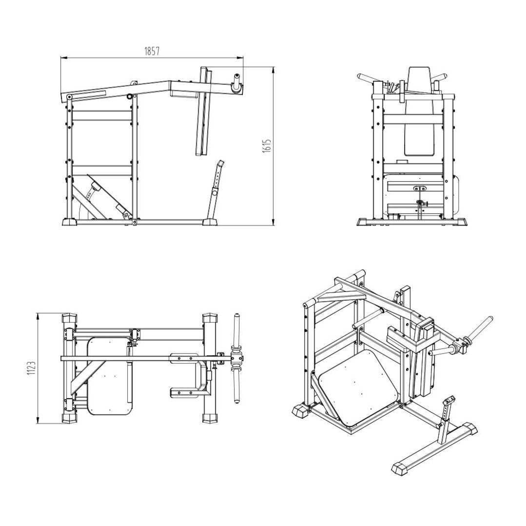 a diagram and dimensions of a pendulum squat gym machine