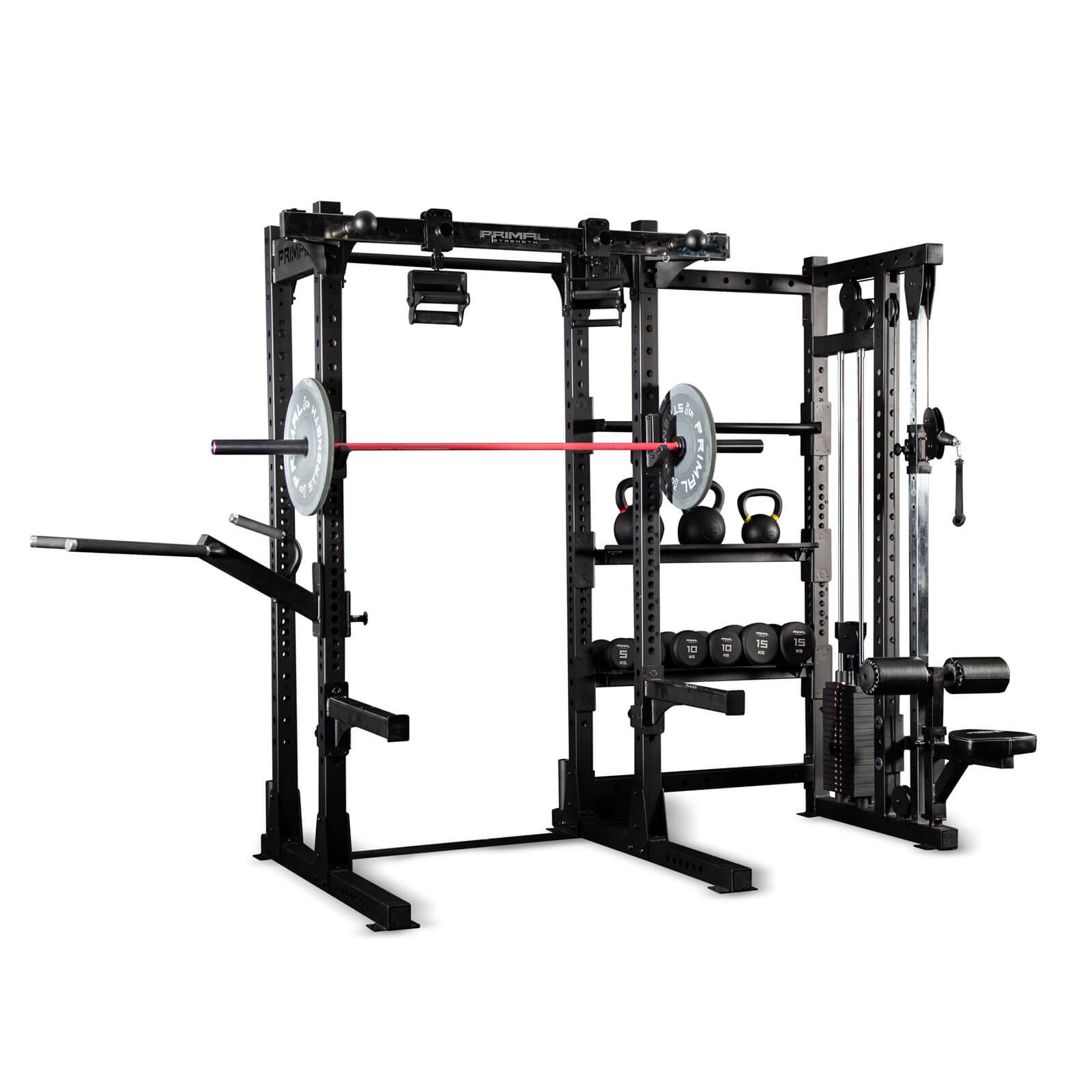 a gym rack complete with gym storage for functional equipment with a high pulley cable machine
