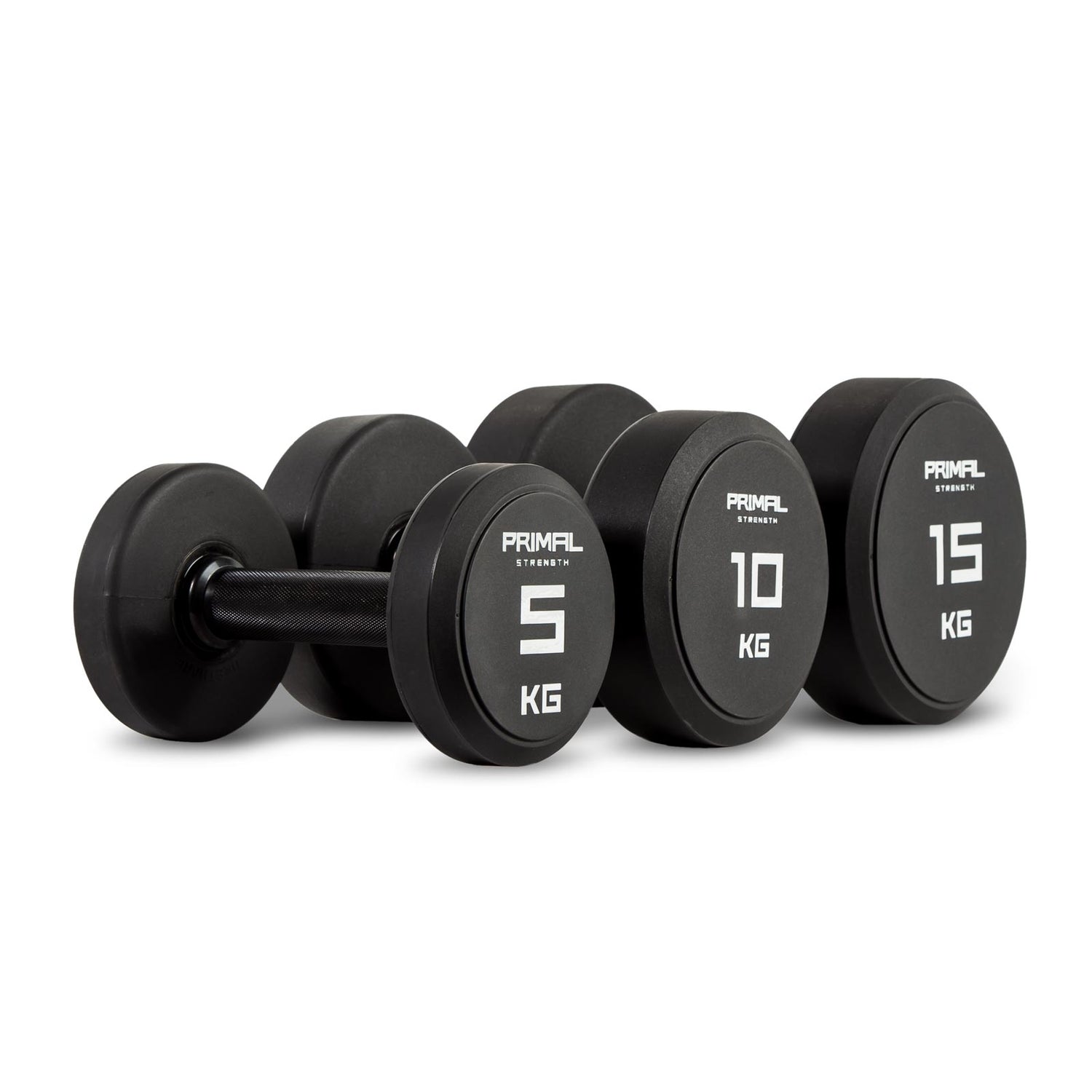 three single primal strength black urethane dumbbells