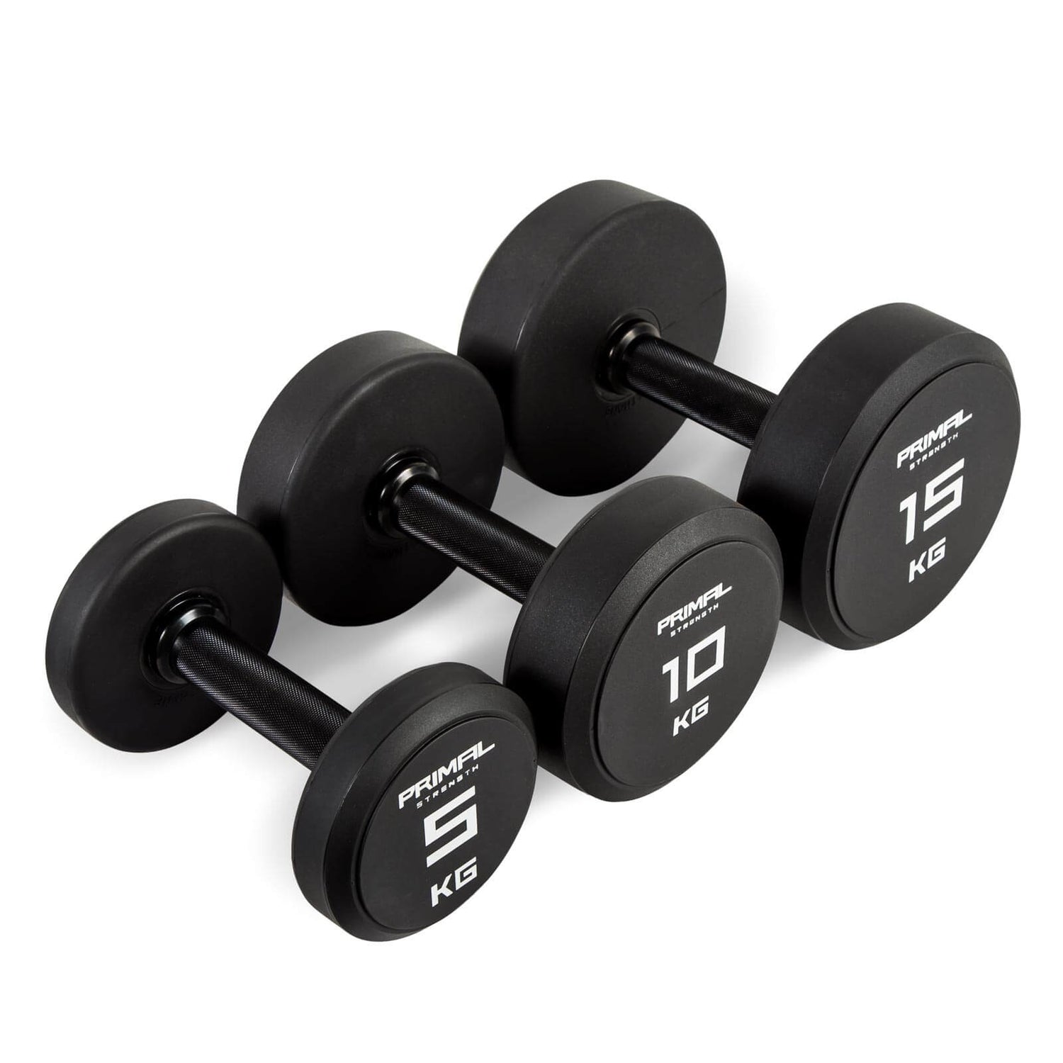 three single primal strength black urethane dumbbells