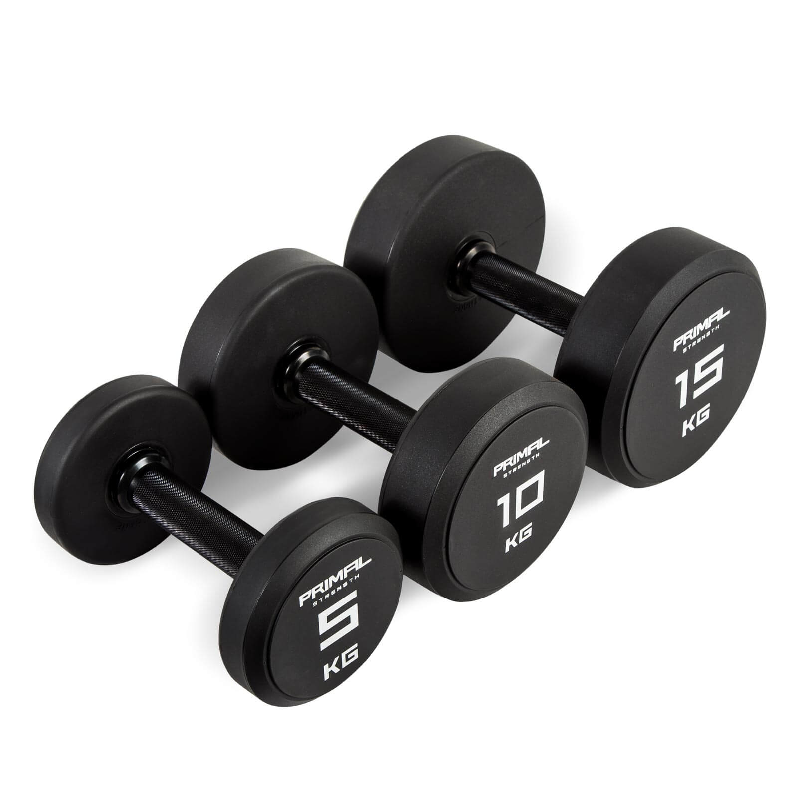 three single primal strength black urethane dumbbells