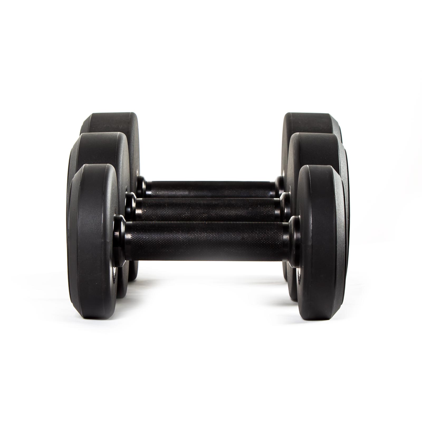 three single primal strength black urethane dumbbells
