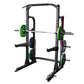 a black commercial half rack with barbell and weight plates