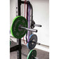 a rack barbell and resistance bands on a black half rack
