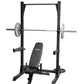 a quarter rack with loaded racked barbell and adjustable weight bench