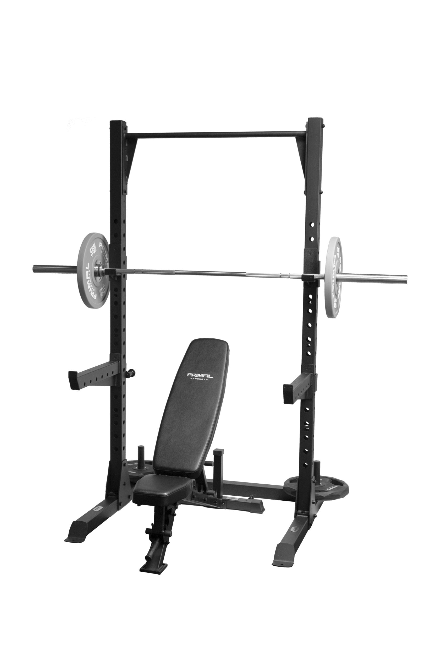 a quarter rack with loaded racked barbell and adjustable weight bench