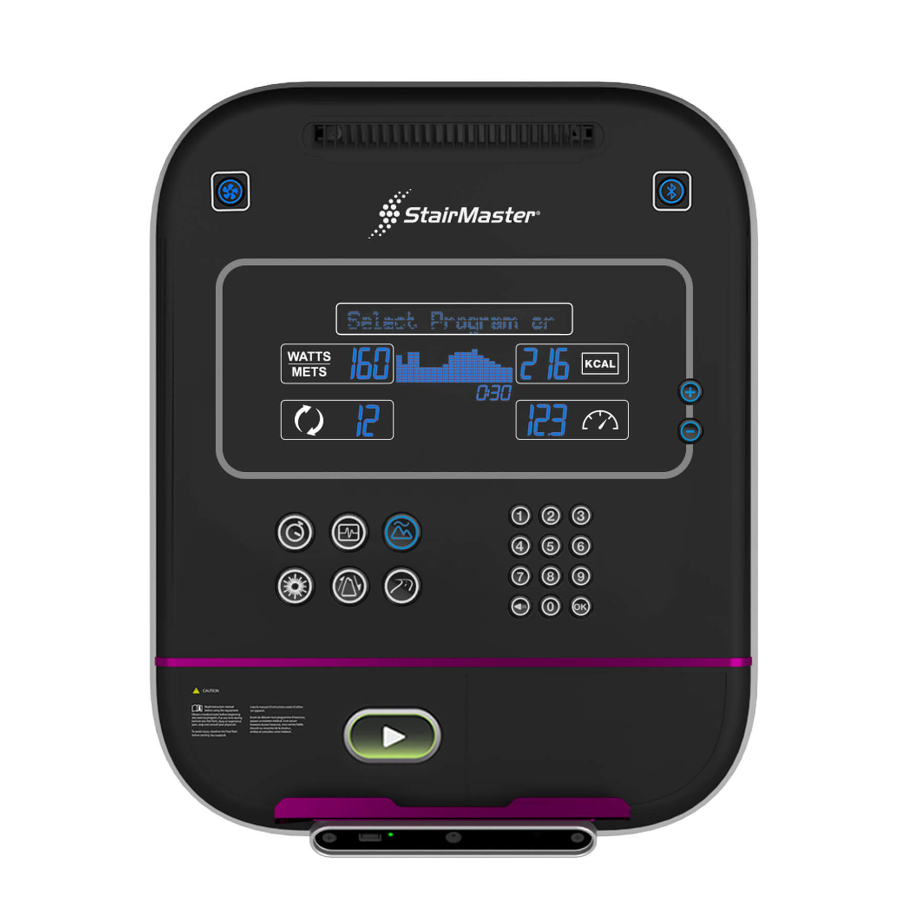 the lcd console of a stairmaster cardio machine with multiple workout features
