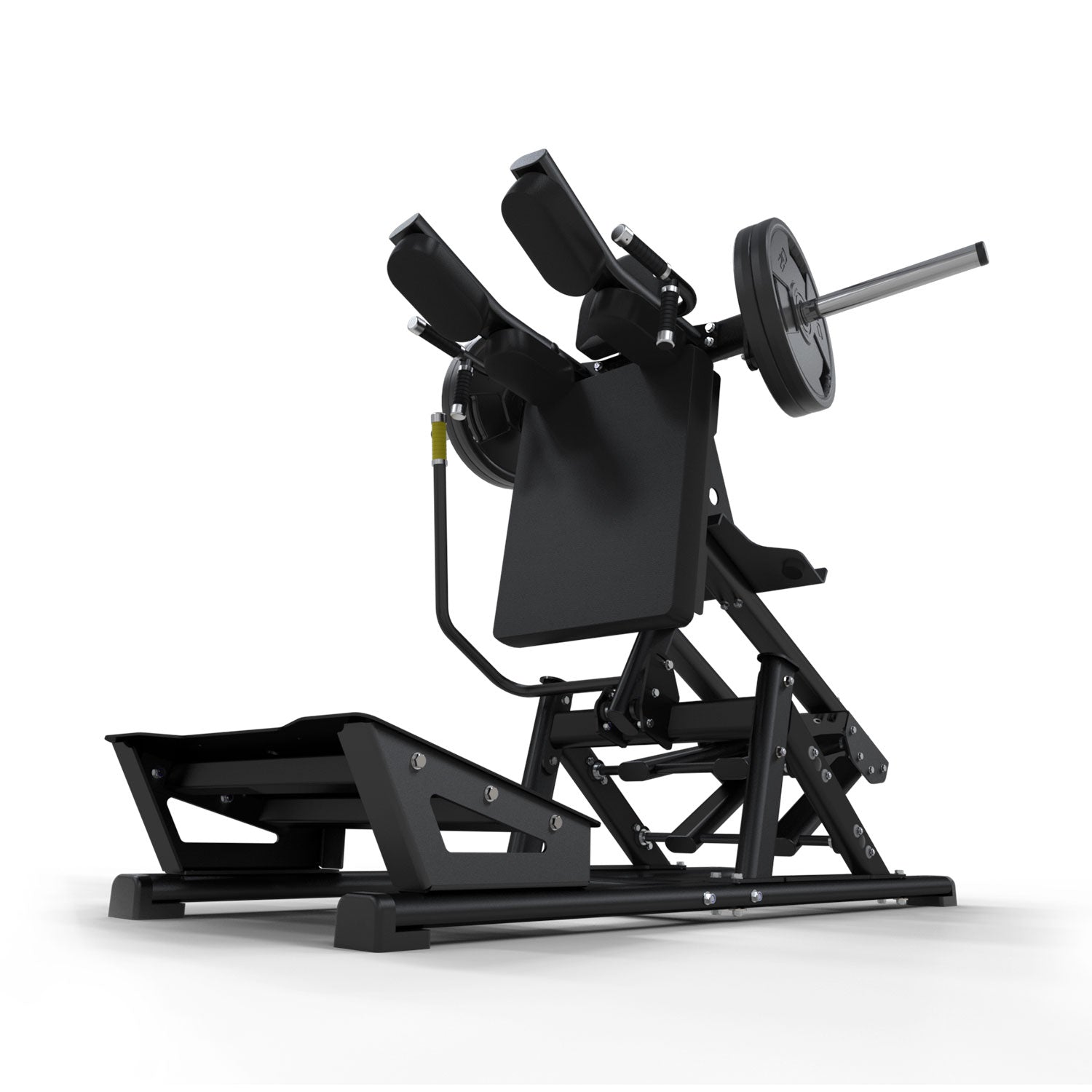 a black commercial plate loaded hack squat machine