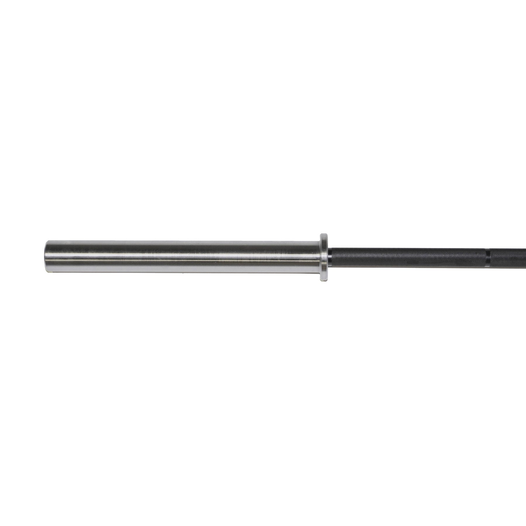 the sleeve of a silver olympic barbell with a black shaft