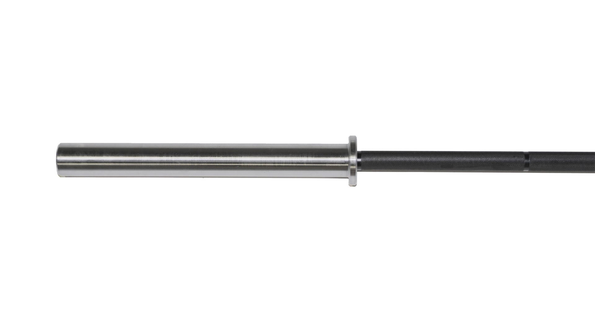the sleeve of a silver olympic barbell with a black shaft