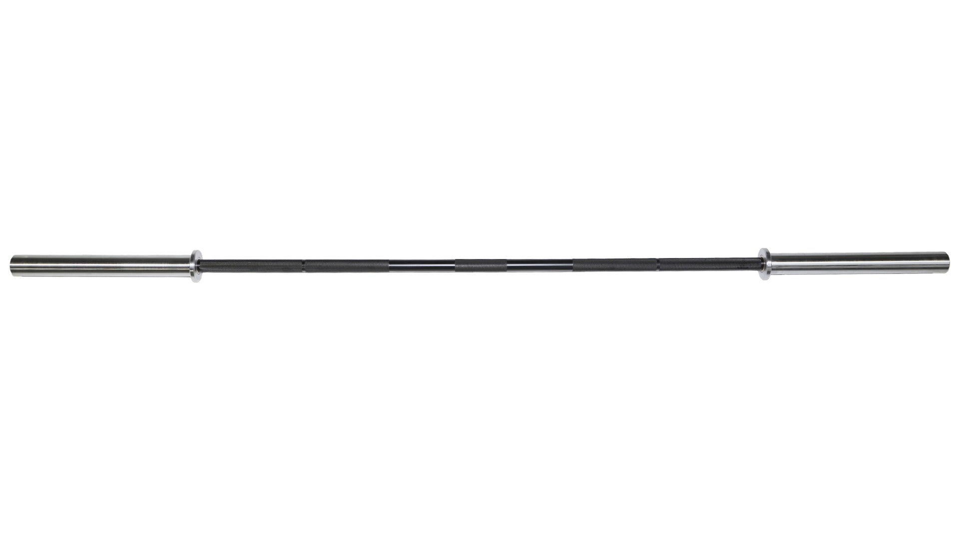 a silver olympic barbell with a black shaft