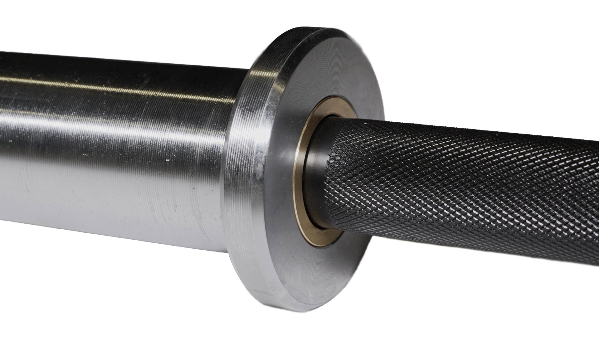 the collar of a olympic barbell with a silver sleeve and black shaft