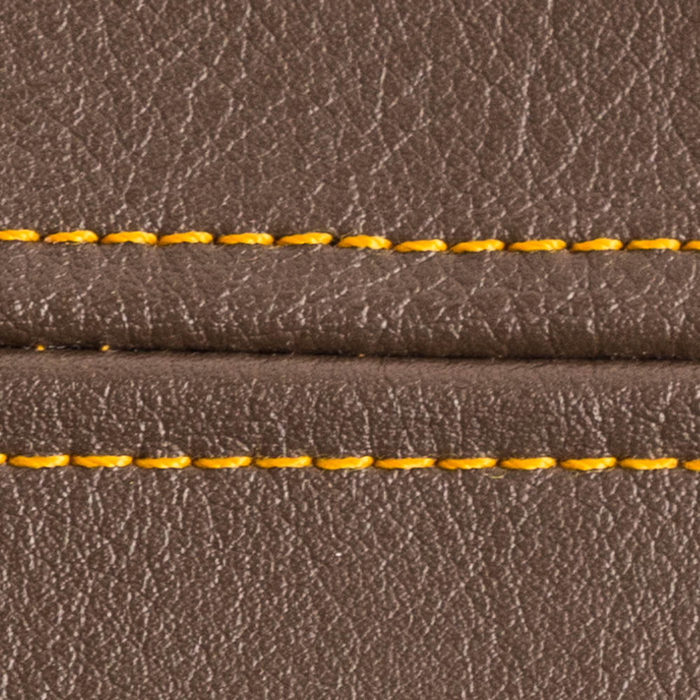 brown leather with gold stitching