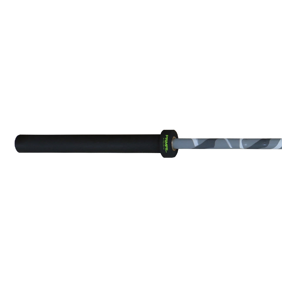 a olympic barbell with a black sleeve and camouflage shaft