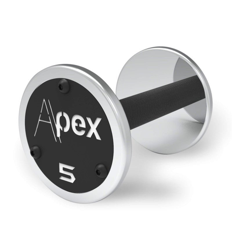 a stainless steel dumbbell with a apex custom logo on the endcap