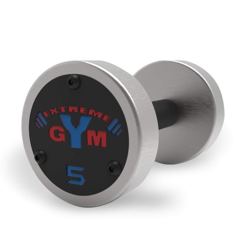 a stainless steel dumbbell with a extreme gym custom logo on the endcap