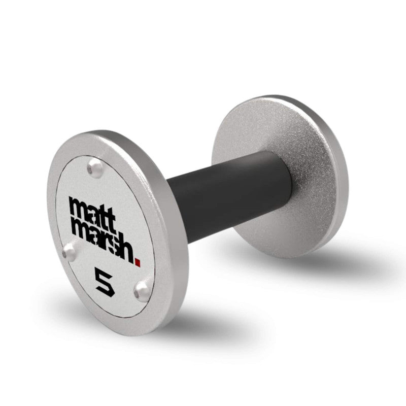 a stainless steel dumbbell with a matt marsh custom logo on the endcap