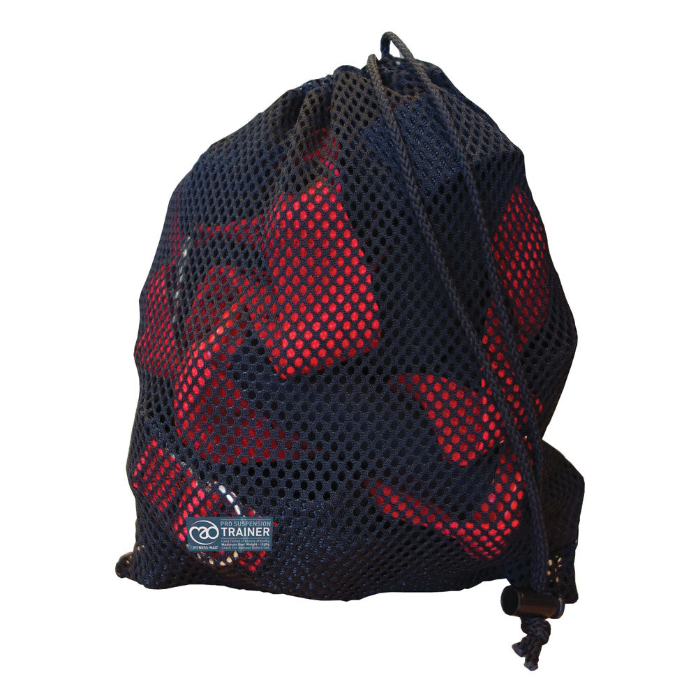 black and red suspension trainer in a black mesh bag