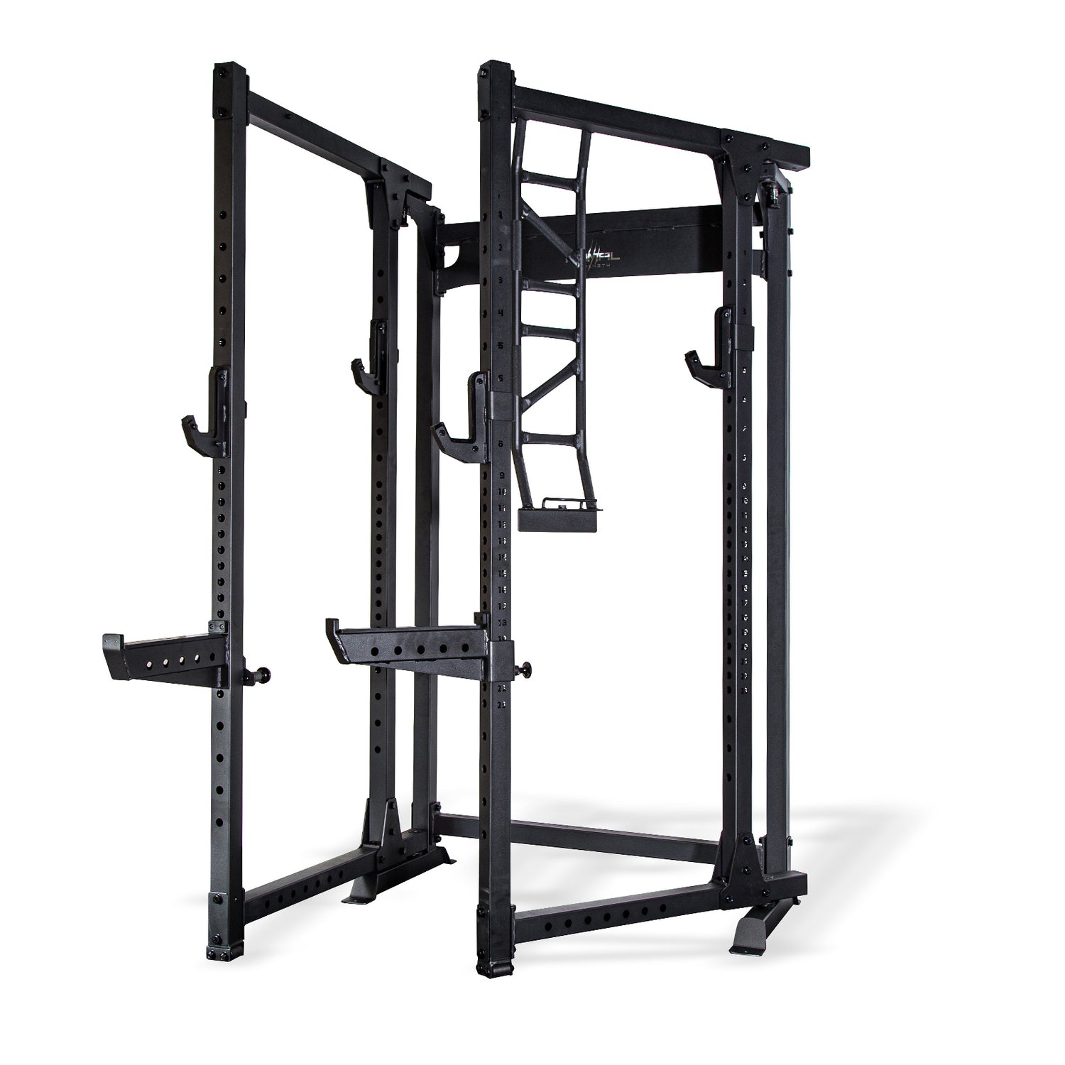 a foldable power rack with various attachments