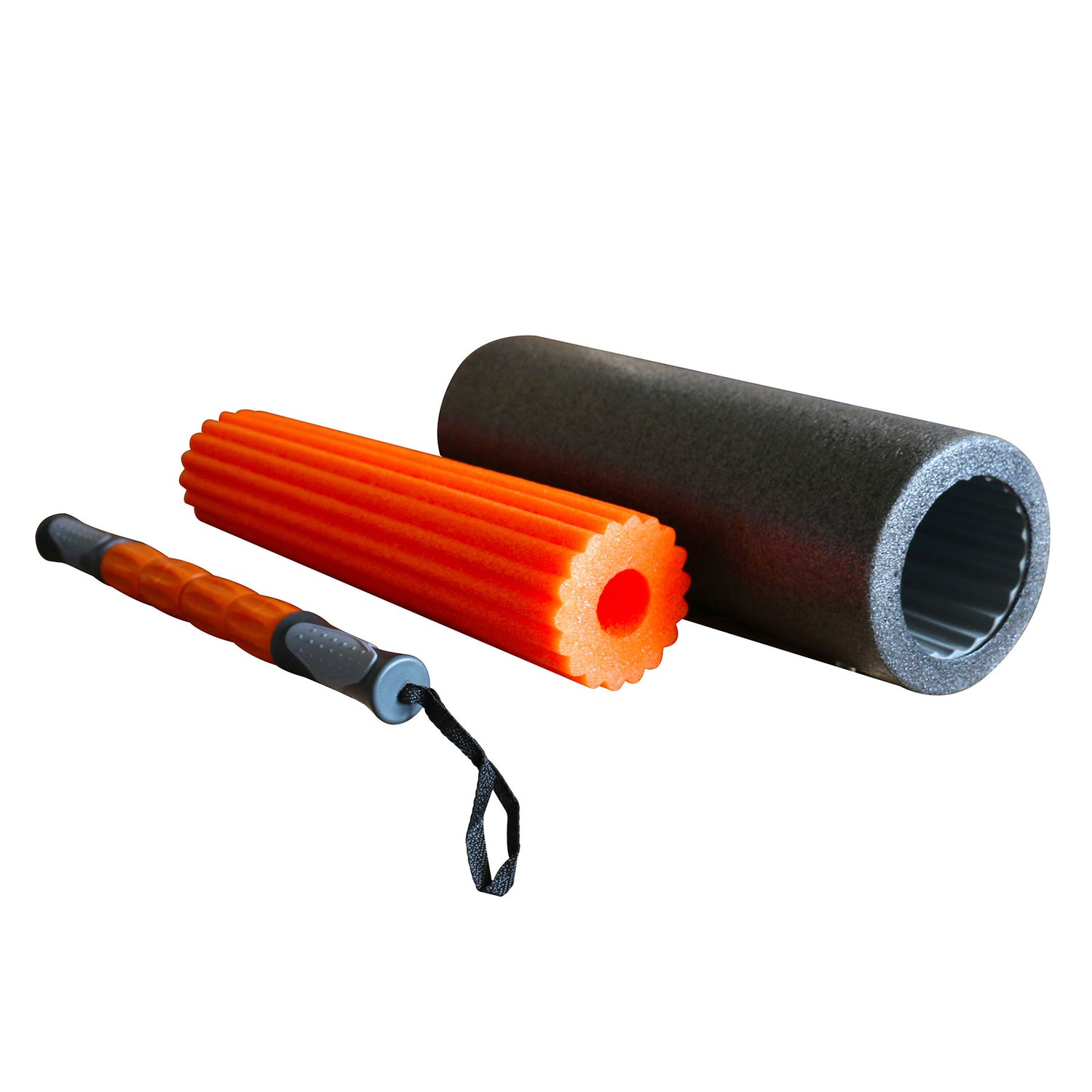 a 3 in 1 orange and black foam roller set with different densities