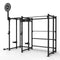 a group gym rack featuring storage and accessories for functional equipment