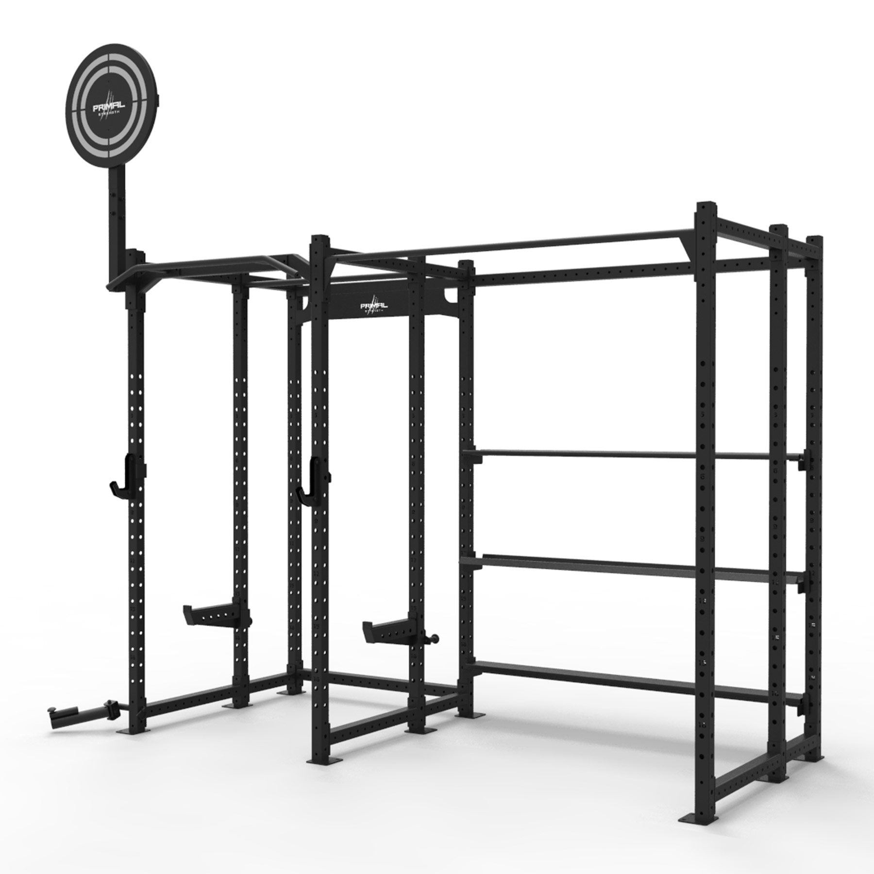 a group gym rack featuring storage and accessories for functional equipment