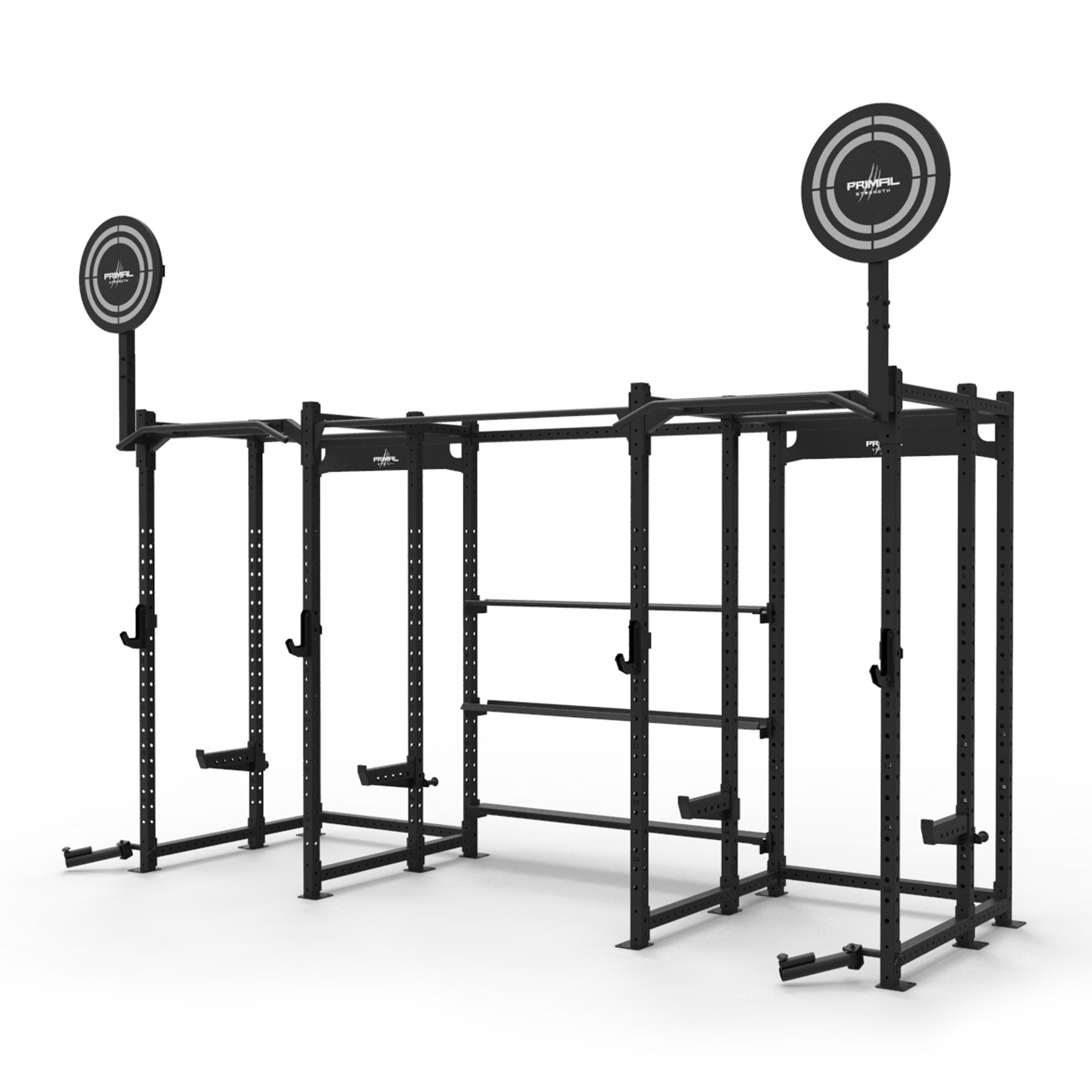 two group gym racks featuring storage and accessories for functional equipment
