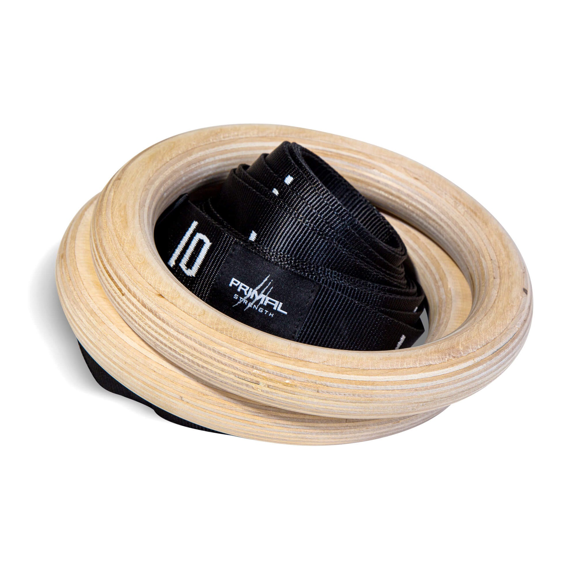 wooden gymnastic rings with black straps rolled up