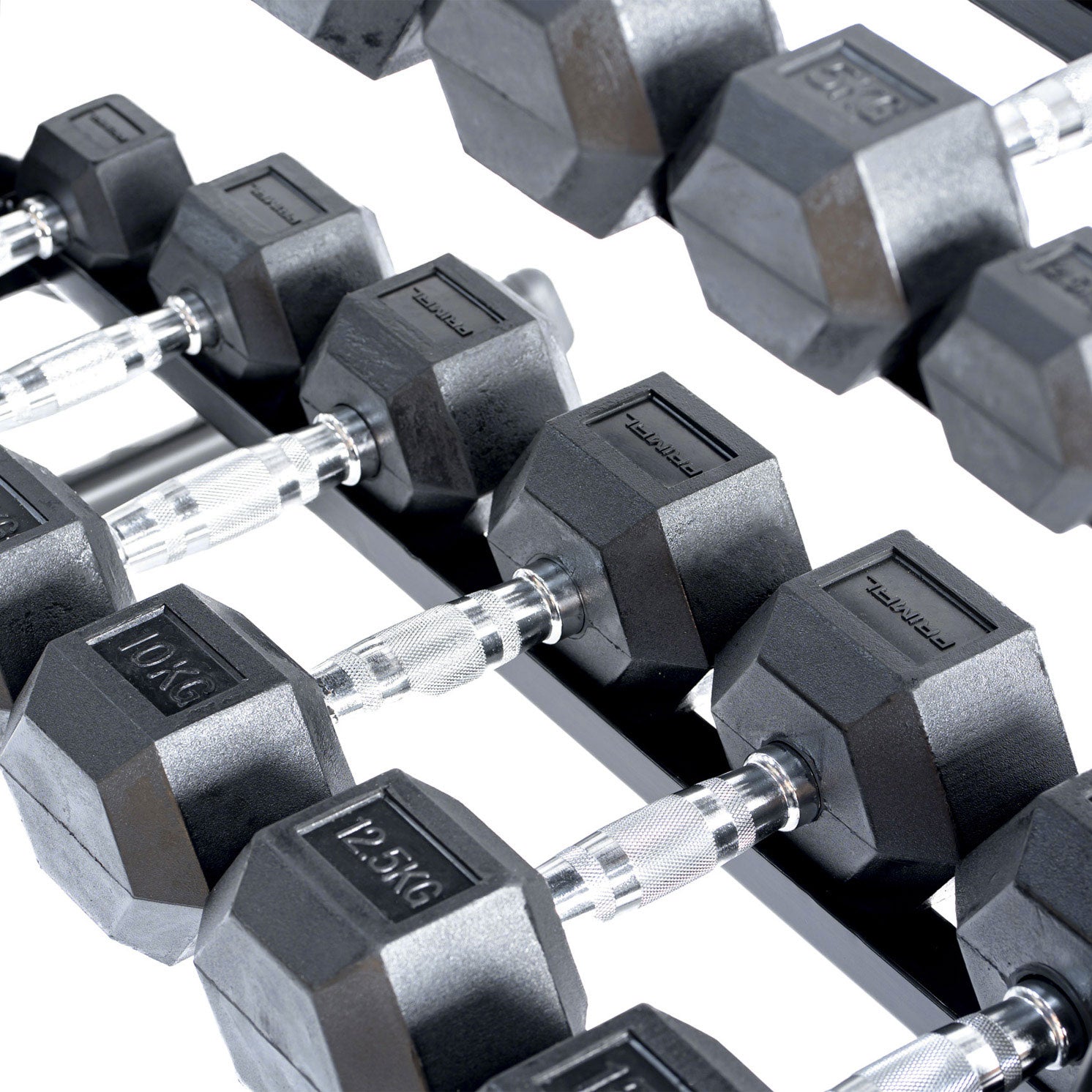 rubber hex dumbbells on a dumbbell rack