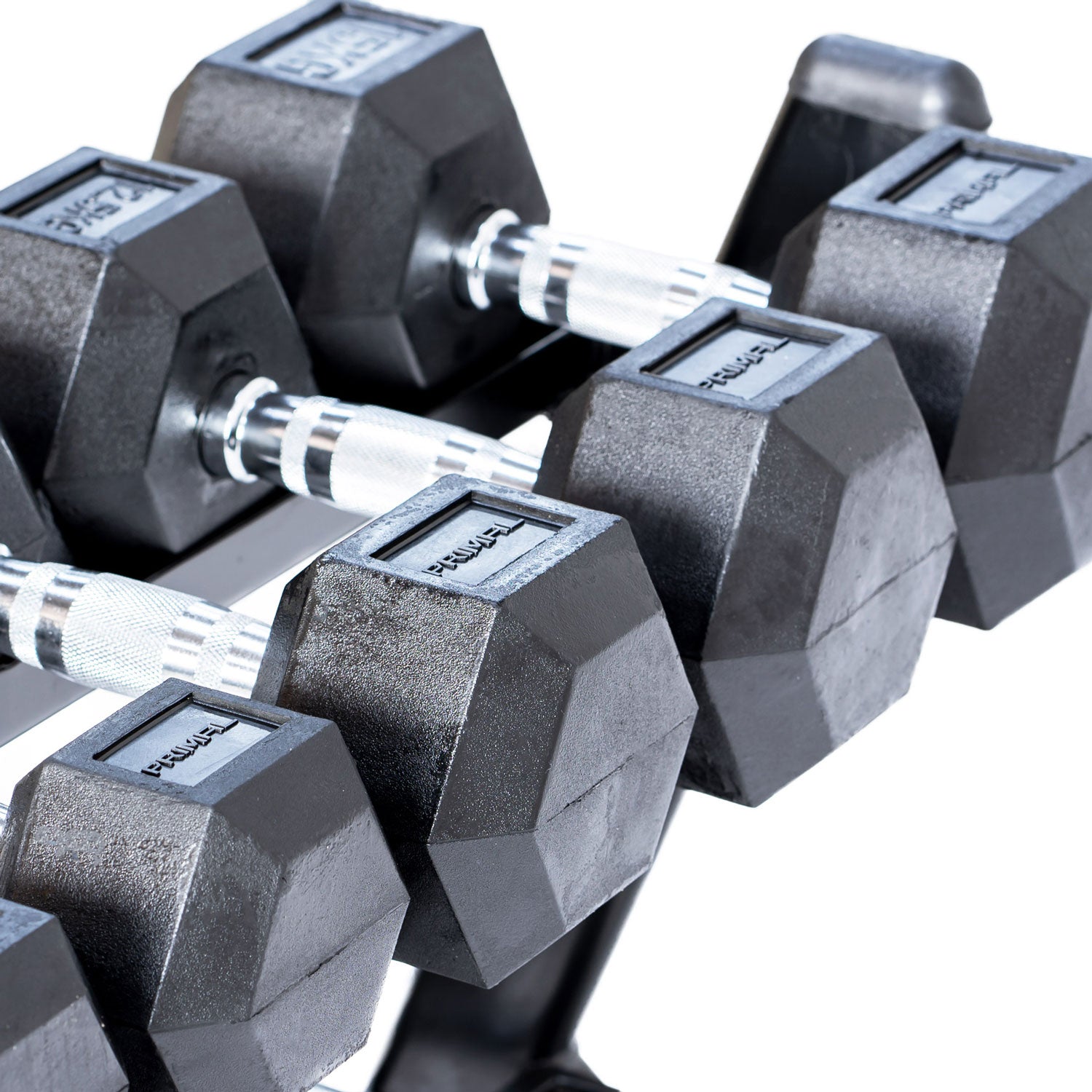 rubber hex dumbbells on a dumbbell rack