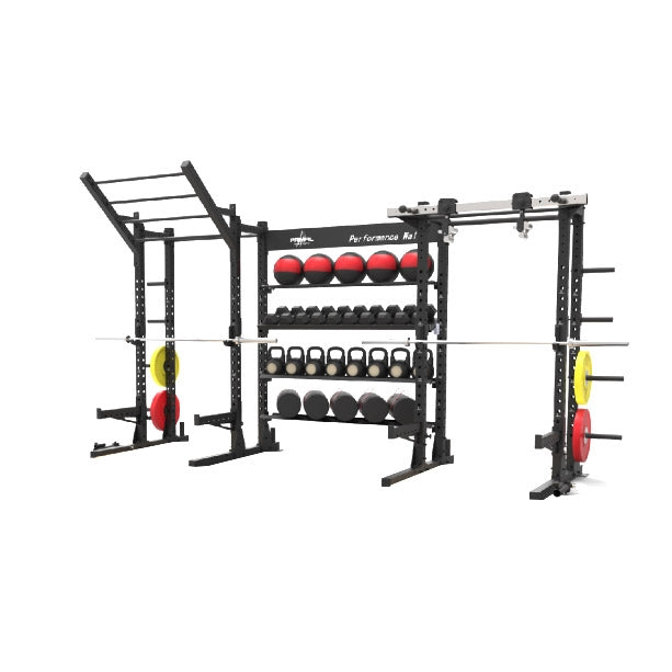 a performance wall including two gym racks filled with functional equipment, weight plates and racked barbells