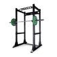 a full black power rack with multi grip pull up bar and safety spotters