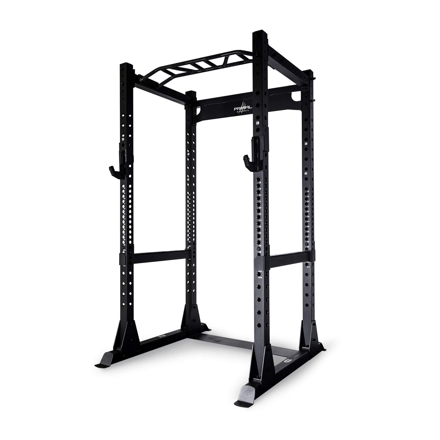 a full black power rack with multi grip pull up bar and safety spotters
