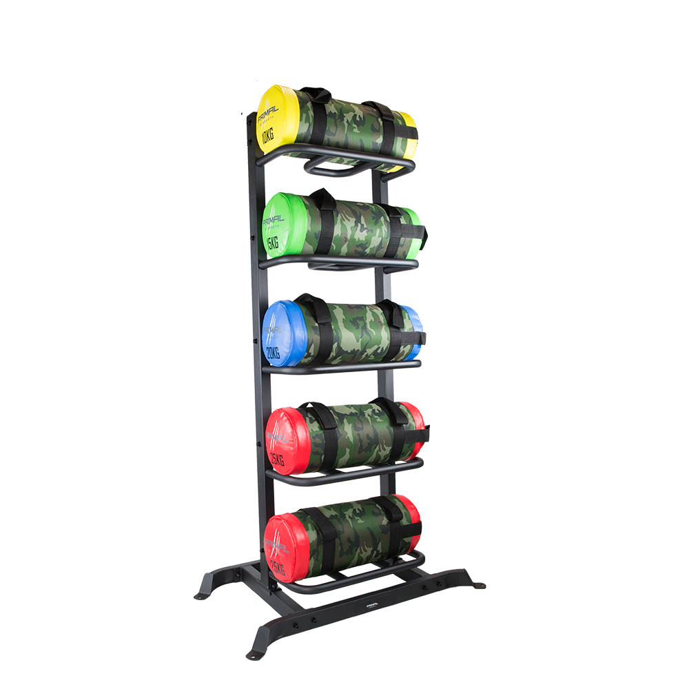 a vertical sandbag storage rack complete with 5 sandbags