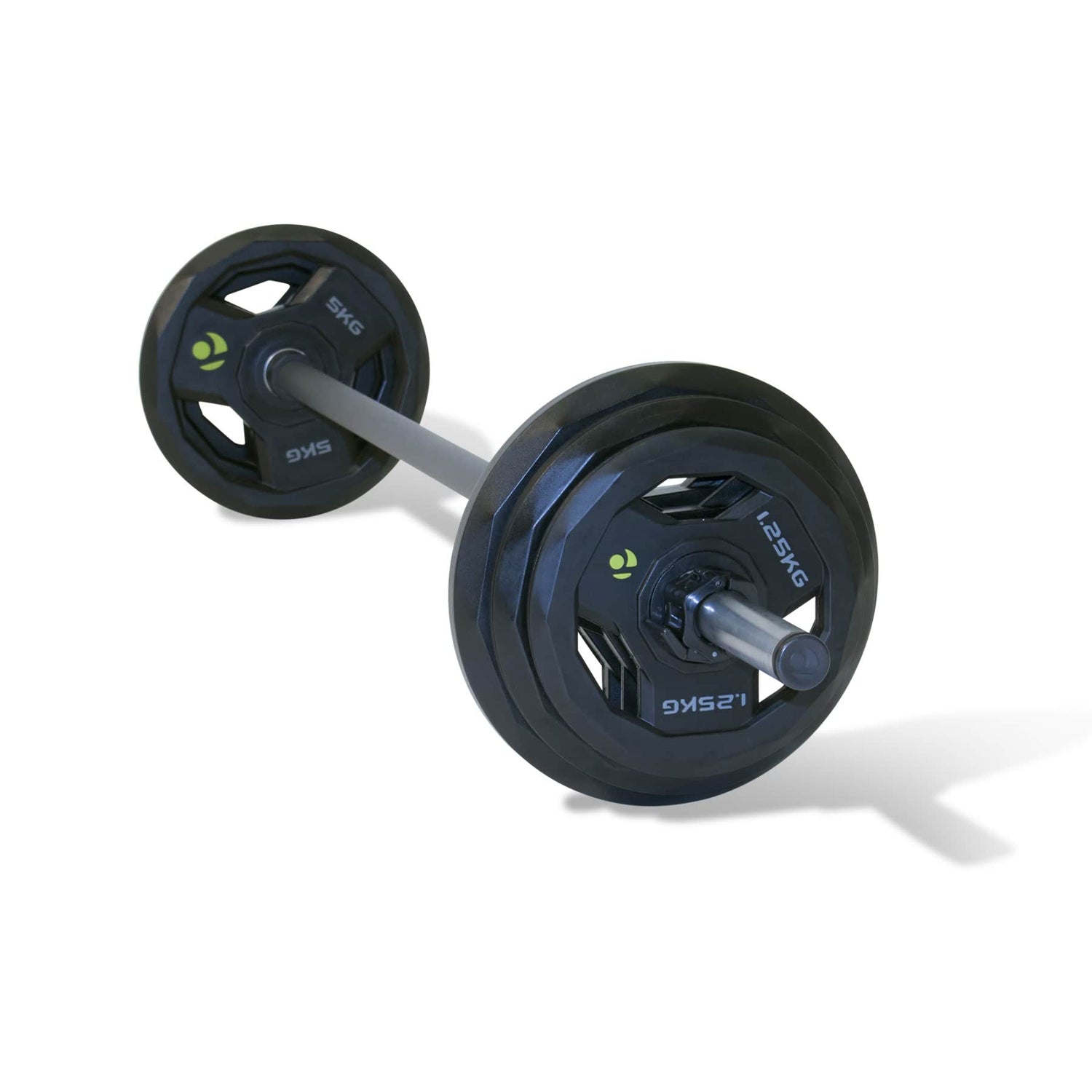 a black studio barbell set loaded with rubber weight discs