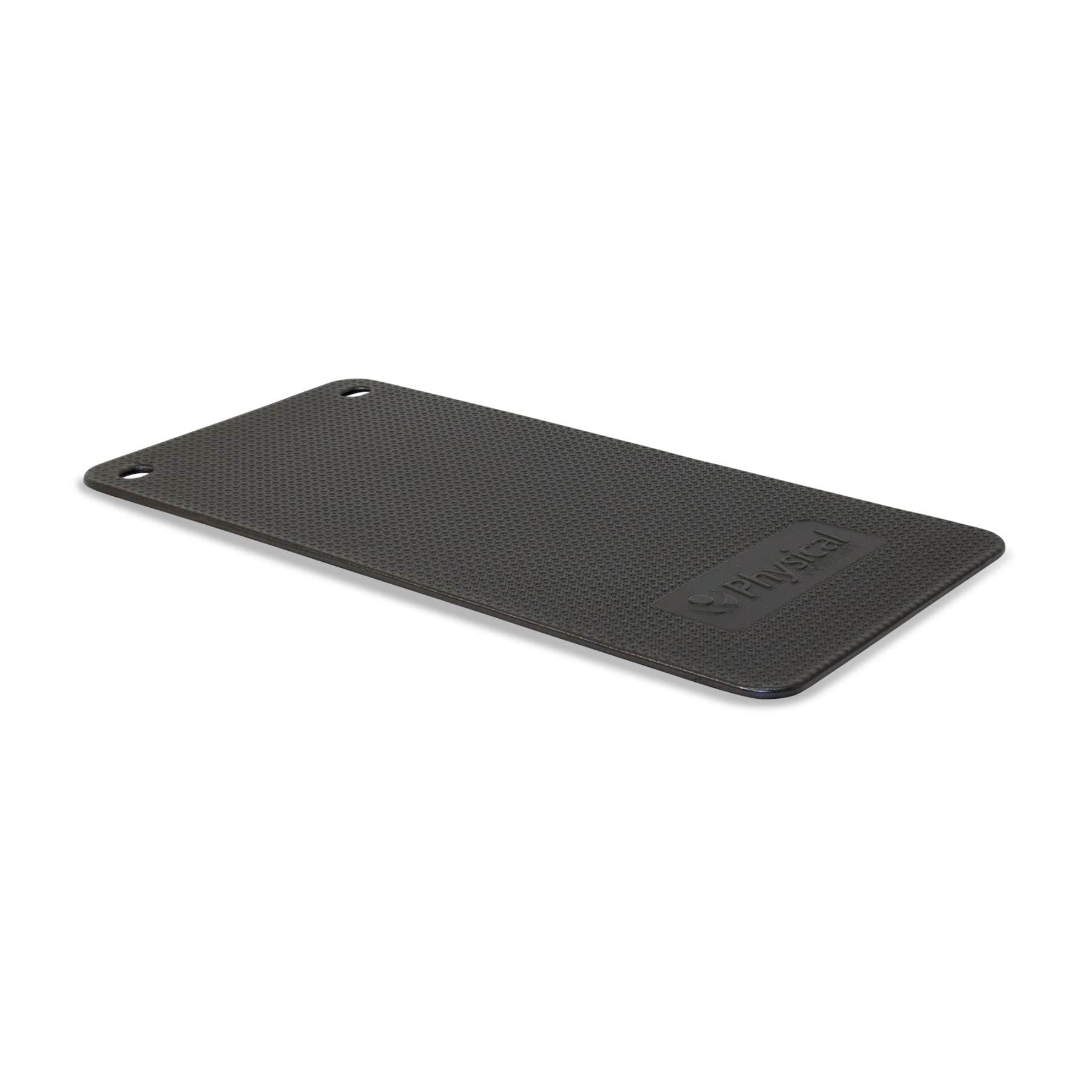 a black fitness exercise mat with eyelets for wall mounting