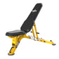 black and yellow adjustable weight bench with chrome supports